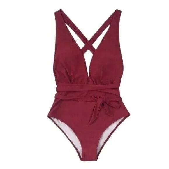 Cupshe Women One Piece Swimsuit Medium Red V-Neck Crisscross Back High Waist - Picture 6 of 9